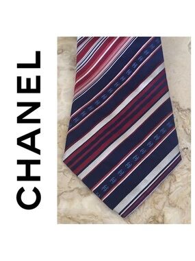 Chanel CC Logo Striped 100% Silk Tie